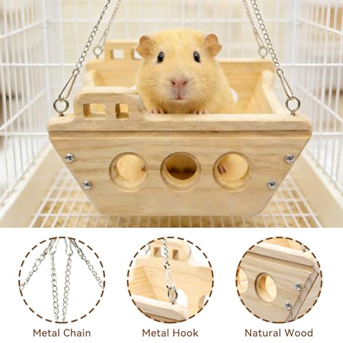 Guinea Pig Hammock, Wooden Swing Toys with Metal Chain and Hook for Cage, Interactive Enrichment Toy for Guinea Pig, Chinchilla, Rat, Hamster and Other Small Animals