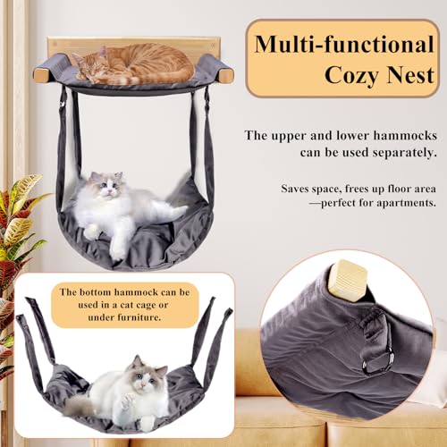 JSPYFITS Wooden Cat Furniture Wall Mounted, Double Layer Hammock, Large Size 18.9″ Removable Multi-Function Cat Bed for Sleep/Play/Climb, Kitten Window Perch, Easy DIY Installation(Grey) - color: Grey