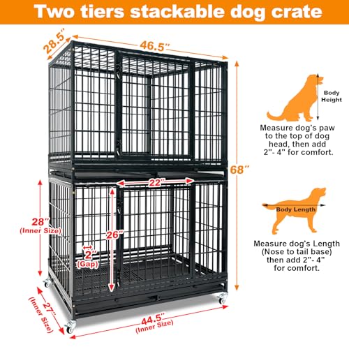 Homey Pet Two Tier Heavy Duty Stackable Dog Crate Cage Kennel for Large Dog | 47 Inch Indestructible Kennel with Wheels, Removable Trays and Grids, Escape Proof Auto Lock, Ideal for Breeders and Groomers - size: 46.5"L x 28.5"W x 68"H