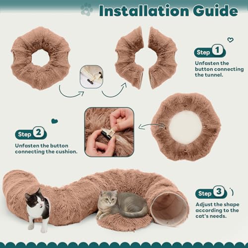 DUMOS Cat Tunnel Bed for Indoor Cats, Cave Donut Play Tunnel - Brown | Soft Plush Peekaboo, Washable Circle Cushion, Multifunctional Playground Under Tree Toys for Kittens, Puppy, Rabbit, Ferret - color: Brown
