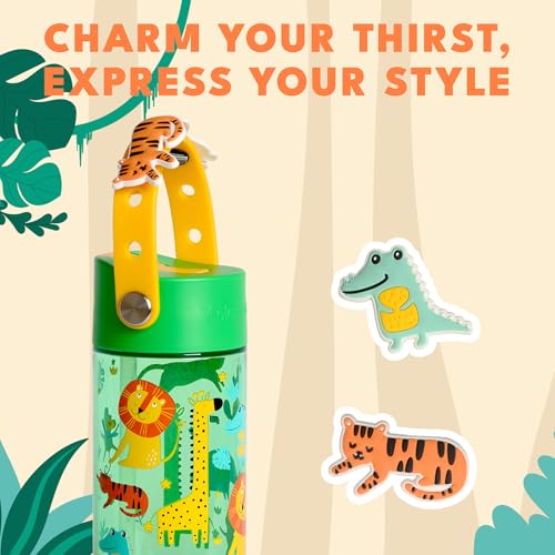 Elemental Water Bottles for Kids - Splash Kids Water Bottle for School with Fun Charm Handle - BPA Free Tritan Plastic Bottle with Straw Leak Proof When Spout is Closed - 18oz - Jungle Friend - color: Jungle Friend