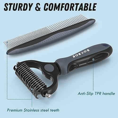Docrok Pet Grooming Brush and Metal Comb Combo for Dogs & Cats, Gray | Dematting Deshedding Undercoat Rake, Cat Brush Dog Brush Shedding Tool for Long Matted Haired Pets - color: Gray