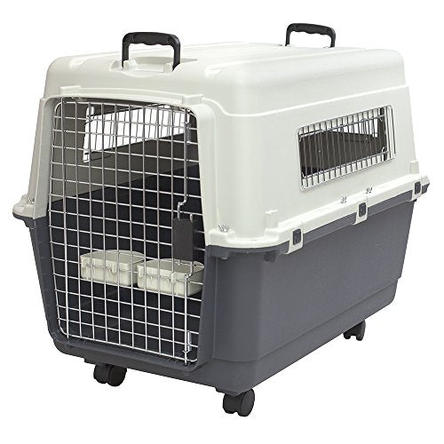 SportPet Airline Compliant LARGE 31.5" Travel Dog Kennel-Durable Plastic Airline Pet Carrier w/ Removable Wheels & Food Bowls, Collapsible Indoor/Outdoor Dog Kennel, Dogs up to 28"L & 20"H-Cream/Gray - color: Cream/Gray