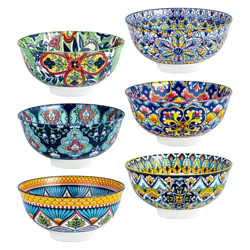 HENXFEN LEAD Boho Ceramic Cereal & Soup Bowls Set of 6, 24 oz | Assorted Patterns, Ideal for Oatmeal, Pasta, Salad, Rice, Fruit & Everyday Meals, Microwave & Dishwasher Safe - size: 24 Oz