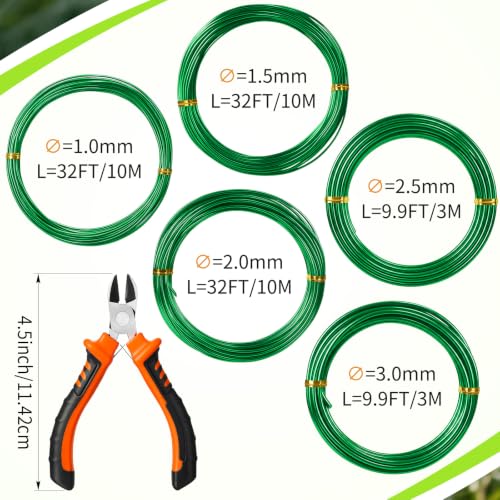 Mudder 5 Roll Aluminum Bonsai Training Wire Tree 1/1.5/2.0/2.5/3mm 118 Feet Total with Bonsai Wire Cutter Anodized Training for Holding Branches Small Trunks(Green) - color: Green, size: 1/1.5/2/2.5/3mm