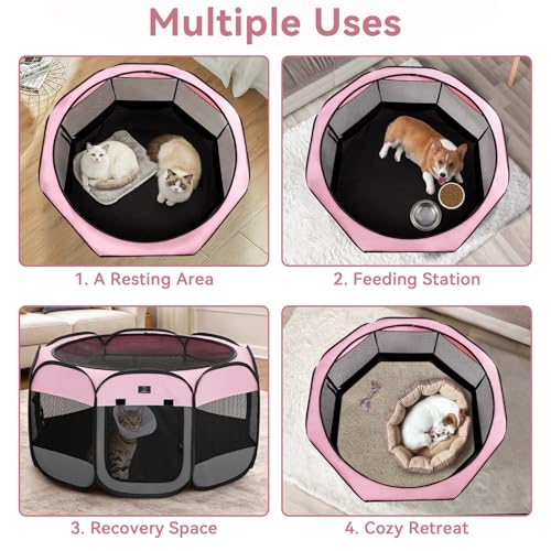 A 4 Pet 50.39-in Dog Playpen, Small Dogs & Puppies, Pink+Grey | Includes bowl, waterproof floor, pop-up design, home/travel/outdoor use - color: Pink+Grey, size: L(50.39"x50.39"x25")