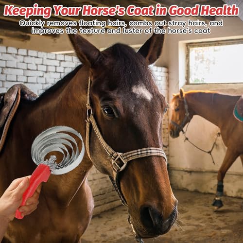 kathson 5 Rings Curry Comb Horse Brush Scraper Reversible Stainless Steel Livestock Shedding Comb with Soft Touch Grip for Dog Horse Grooming Supplies (Red)