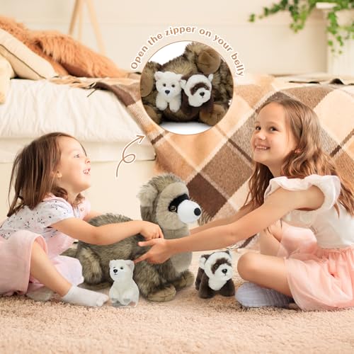 Ferret Stuffed Animal with 2 Babies, 3Pcs Forest Animal Plush, 18" | Mother and Baby Stuffed Animal; Zipper Belly Storage; Hide-and-Seek Play; Soft Woodland Companion; Christmas Gift for Kids - style: Ferret Brown