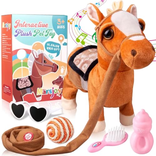 Marsjoy Walking Pony Toy Musical Singing Dancing Plush Interactive Pony Walk Along Horse with Leash Plush Stuffed Animal Shaking Head Buttocks Toy for Boy & Girl Kid Ages 3+ H: 11.81" - color: Brown Pony