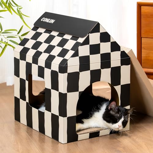Conlun Large Cat House Scratching Pad Indoor Cave <18 lbs | 2-in-1 cozy cave, heavy-duty recycled cardboard | traps messy crumbs, quick setup | ideal for cats up to 18 lbs - size: Large - 1 Pack