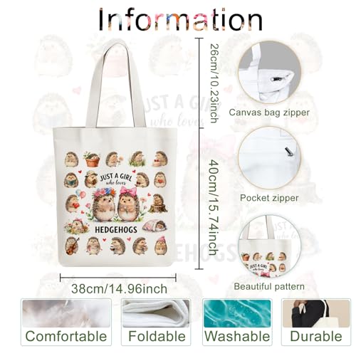 ANATTASOUL Canvas Tote Bag Reusable Cotton Bag for Women, Large 14.96"x 15.74" Cloth Shoulder Bags with Zipper Pockets - style: Hedgehog and Flowers