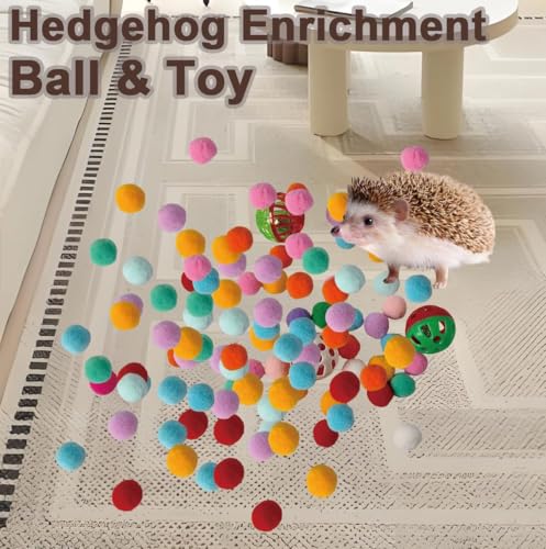 Hedgehog Dig Box Enrichment Cage Accessories, Funny Dig Box Toys, Interactive Foraging Tray with Laundry Bag, 3 Bell Balls & 100 Colorful Pom Poms, for Hedgehogs, Hamsters, Ferrets, Kittens