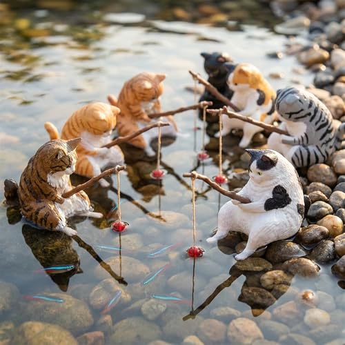 Cute Cat Fishing Figurines for Cat Fish Tank, 7PCS Mini Resin Cat Aquarium Decorations, Funny Fish Tank Decor, Small Aquarium Ornament, Miniature Garden Decor for Cat Lovers