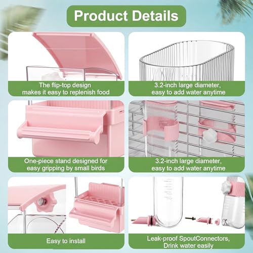 Novabright No Mess Bird Feeder Water Dispenser Set, Automatic Transparent Bird Food Container and 12 oz Automatic Water Feeder for Small Birds Parrot, Cockatoo, Canary, Cage, Lovebird, Budgies (Pink) - color: Pink