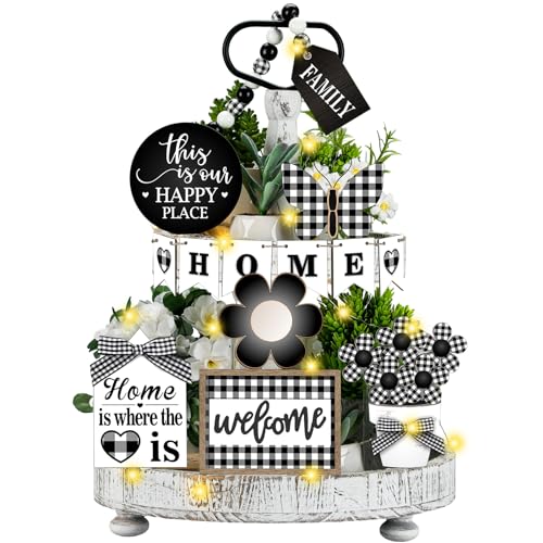 FairySandy 11 Pcs Home Tiered Tray Decor Buffalo Plaid Black White Rustic Farmhouse Tiered Tray Decorations Set Home Wooden Signs Vintage Farm Animal Tabletop Wood Signs for Kitchen Table Shelf Decor - style: Novelty