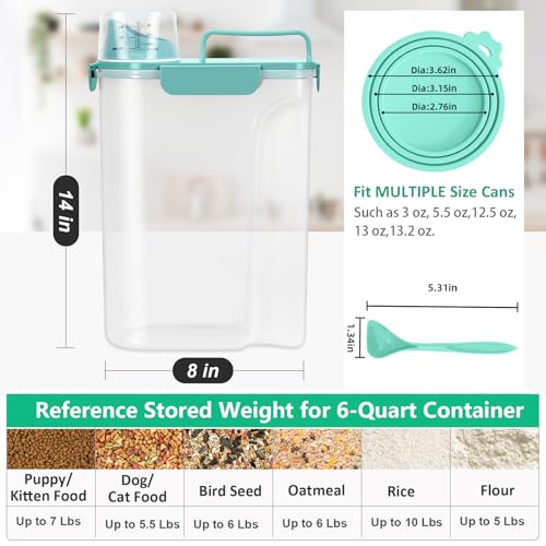 Pet Dog Cat Food Storage Container 5 to 7 lbs with Can Cover and Mixing Spoon, Airtight Travel Pet Food Storage Dispenser with Easy-pouring Spout & Cup, Kibble Dog Treat Bird Seed Container -Cyan - color: Cyan 6Qt