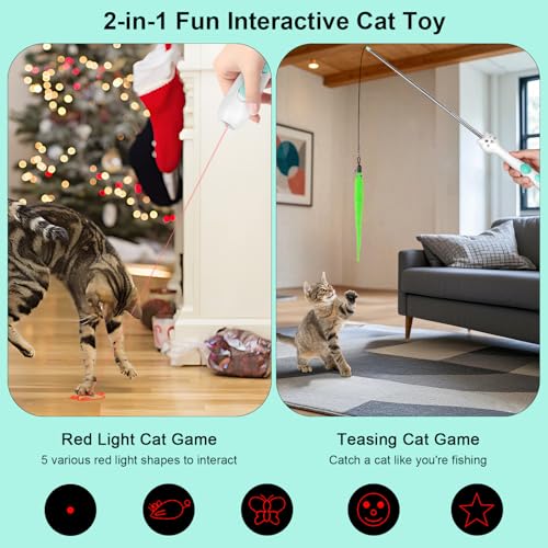 TBTeek Cat Toys Retractable Pole Wand Toy with Feather for Indoor Cats | with Light and 22" Retractable Pole with Feather,Rechargeable,5 Modes, 2in1 Interactive Wand Toy 3 Refills - size: 1pc red light with fish pole