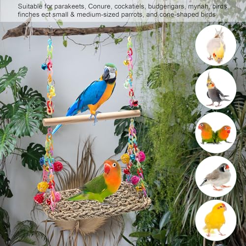 Bird Swing Toys Coolrunner Bird Hammock Bed Hanging Swing Nest Cotton | Weave Hemp Rope Bird Seagrass Swing Toys with Colorful Bells Bird Swing Toys for Parakeets, Budgie, Conure, Cockatiel