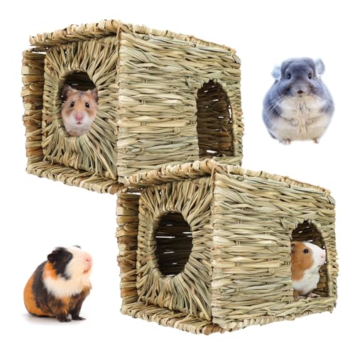 2 Pack 12"×8.5"×8" Foldable Grass Bunny House Straw Hideaway Hut | Double Opening Hay Bed Toy for Rabbits, Guinea Pigs, Hamsters, Chinchillas and Small Pets