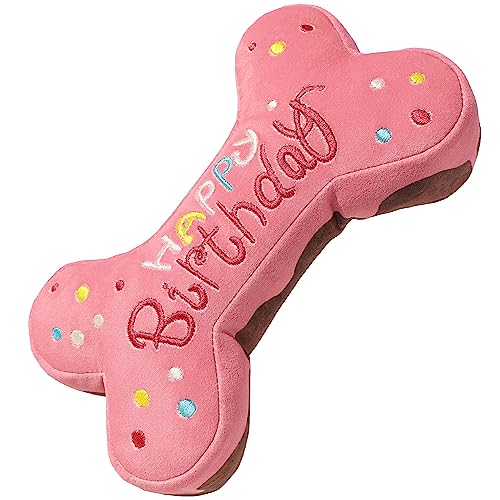 Tamu style Dog Birthday Toy Gift, 10-Inch Squeaky Bone Cake Plush, Pink - color: Pink