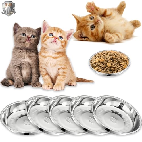 5Packs Cat-Bowls Cat Food Bowl - Thickened 6.2 Inch 304 Stainless Steel Cats Feed Bowl for Indoor Cats Shallow and Wide Whisker Fatigue Relief Pet Feeding Plates for Kitten Puppy Small Dog (5 Packs)