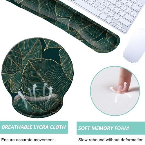 Keyboard Wrist Rest Pad Mouse Pad with Wrist Support Set of 3, Mousepad with Non-Slip Rubber Base, Ergonomic Memory Foam Mouse Wrist Cushion Support for Home Office Laptop Computer, Green Leaves - color: Green Leaves