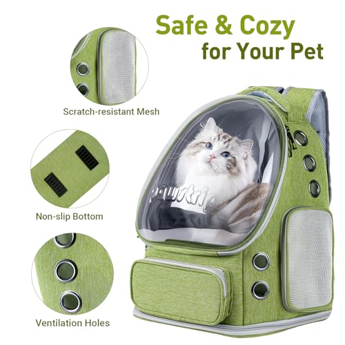Cat Backpack Carrier Clear Bubble Window for Cats & Small Dogs up to 15 lb | Large Space Breathable Foldable Pet Carrier Airline Approved, Mesh Entry Safety Tether Washable Pad, Travel Hiking Outdoor - color: Green