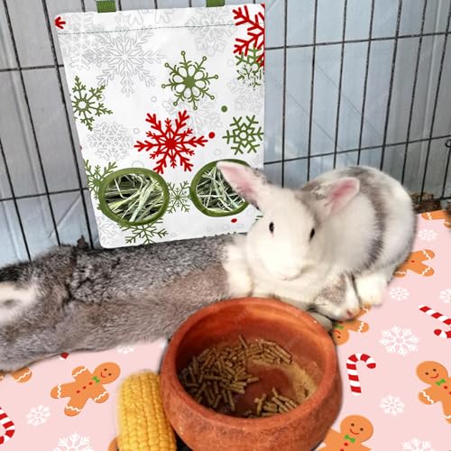 JarThenaAMCS 2 Pcs Winter Snowflake Rabbit Hay Feeder Bag with 2 Holes 11.5 x 9 Inch Christmas White Guinea Pig Hanging Hay Feeding Bag Storage Dispenser for Xmas Hamster Bunny Small Animal Pet
