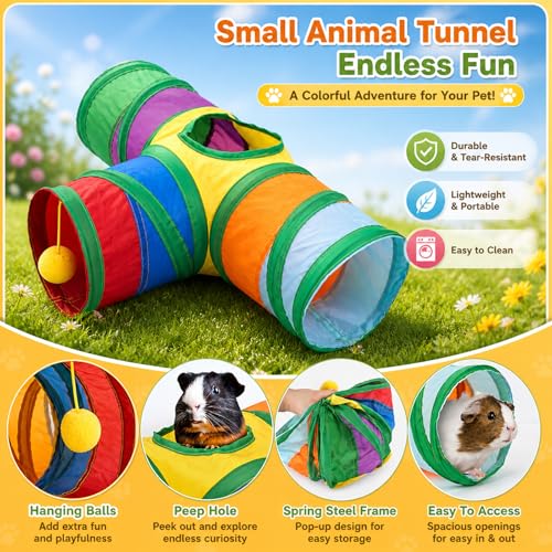 Rypet Guinea Pig Tunnel Hideout 3-Way Collapsible Small Pet Tubes, Rainbow | 3 Way Design for Exploration, Collapsible for Easy Storage, Built-in Play Ball, Hiding & Resting for Hamsters Ferrets - color: Rainbow