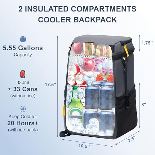 SPARTER Backpack Cooler Insulated Leak Proof 33/49 Cans, 2 Insulated Compartments Thermal Bag, Portable Lightweight Beach Travel Camping Lunch Backpack for Men and Women - color: Dark Gray, size: 33 Can
