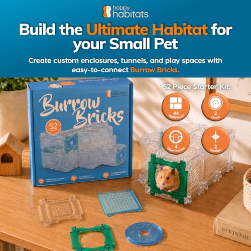 Burrow Bricks Hamster Maze Kit – 52 Piece Pet Hamster Cage | DIY Custom Hamster Tunnels that Also Fit Gerbils & Mice – Hamster Cage Accessories w/Modular Clear Panels, Doors & Connectors