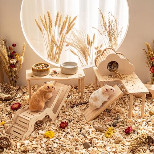 BreezeHug 4 Pcs Hamster Cage Accessories Hamster Platform Hideout Wooden Tunnel Ladder Playhouse Game Climbing Toy with Platform for Pets Dwarf Syrian Mice Degus Gerbils Squirrel(L-Shaped) - style: L-shaped