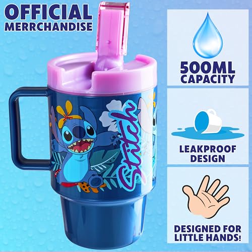 Get Trend Disney Stitch Kids Water Bottle with Straw 16.9 oz BPA Free Plastic Leakproof Cup with Lid Handle Reusable Drinking Tumbler Gifts for Kids (Blue Stitch) - color: Blue Stitch