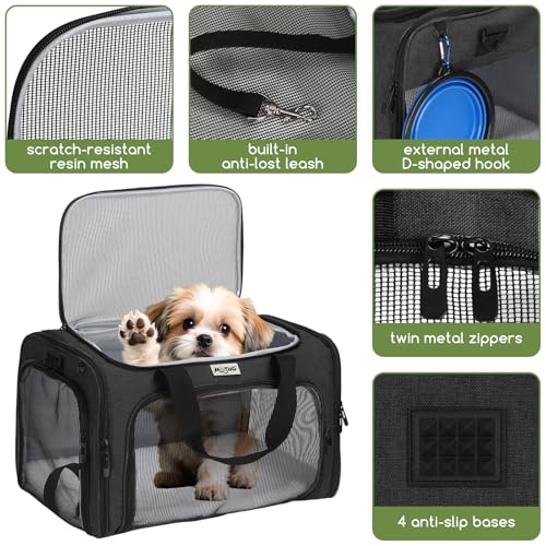 Pet Carrier for Cats & Small Dogs, Travel Carrier with Anti-Collapse Support, Chew Resistant Buckles, Luggage Sleeve, Multi-Pocket Storage, Reversible Mat & Bowl (Black, Medium (17.5"x11"x11.5")) - color: Black