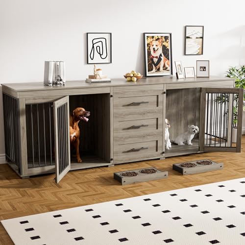 Rophefx 94.5" Dog Crate Furniture for 2 Dogs, Wooden Kennel TV Stand,Grey | Indoor double dog house with 3 storage drawers, 4 feeding bowls, lockable doors, and a wide top for large and medium dogs - color: Grey