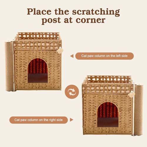 Stylish Cat Litter Box Enclosure with Scratching Post – Handwoven Rattan Cat House, Hidden Litter Mat & Fence, 20.5×18.5×19.1 in, Indoor & Outdoor Use
