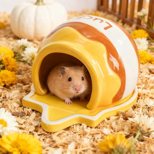Honey Hamster Hideout, Ceramic Small Pet Hideaway House, Guinea Pig Habitat Decor, Cute Syrian Hut, Chinchilla Cage Accessories for Dwarf Hamsters, Mice, Rats, Toads