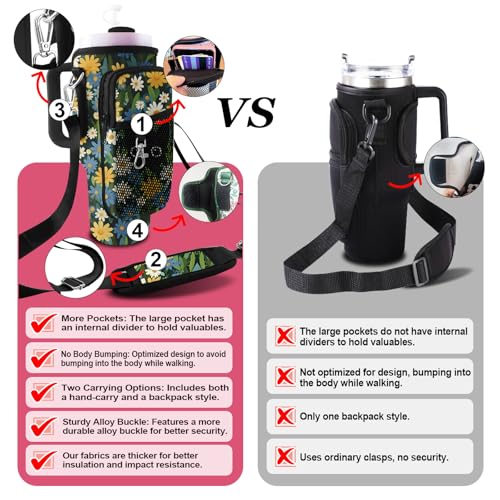 Stanley Carrier Bag for Stanley 40oz/30ozTumbler with Phone with 2 Adjustable Strap,3 Pockets Bottle Stanley Cup Carrier Bag & Case,Accessories for Hiking Travelling - color: Flower and Black Cat