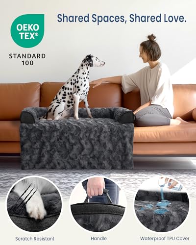 Calming Large Dog Couch Bed, Waterproof Memory Foam with Durable Fluffy Fuzzy Mats, Washable Removable Cover Protector for Sofa, Bedside, Gift, 41 x 37 Inches, Dark Grey - color: Dark Grey, size: Large