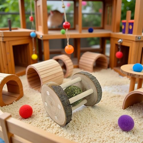 BWESOO Hamster Rabbit Chew Toy Natural Wooden Play Toy, Wood Teeth Grinding Toy with Bell for Parrot, Rabbit, Chinchilla, Guinea Pig, Hamster Small Animals Toys for Pet Supplies