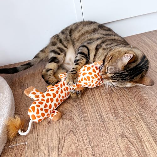 TTcat Large 11.42 Inch Giraffe Silvervine Cat Kick Toy, Crinkle Plush Cat Chew Pillow Toy with Bell Tail, Interactive Kitten Teething Stuffed Toy for Biting, Wrestling & Playing.