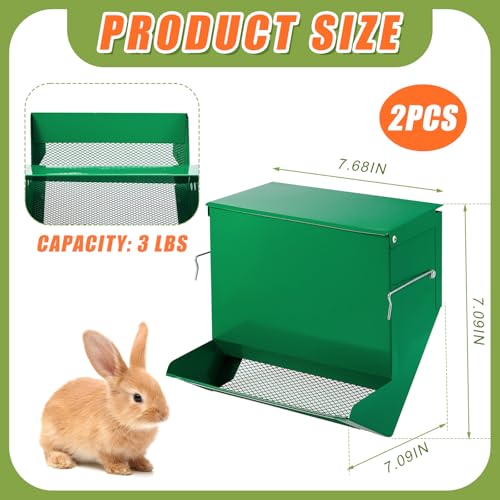 2 Pcs Rabbit Feeder for Cages Small Animal Food Pellet Dispenser with Lid Metal Chicken Grit Oyster Shell Squirrel Feeders Outside(7.7 Inches,Mesh Bottom,Green) - color: Green, size: 7.7 Inches, style: Mesh Bottom