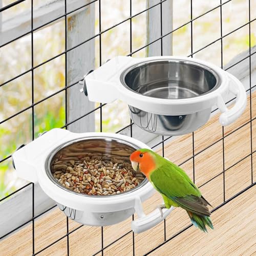 BNOSDM Hanging Stainless Steel Bird Bowls 4 PCS Bird Feeding Dish Cups with Perch Stand Parrot Food Container Food and Water Bowls with Spoon for Budgie Cockatoo Finch Lovebirds Pigeons (White) - color: 4 Pcs White