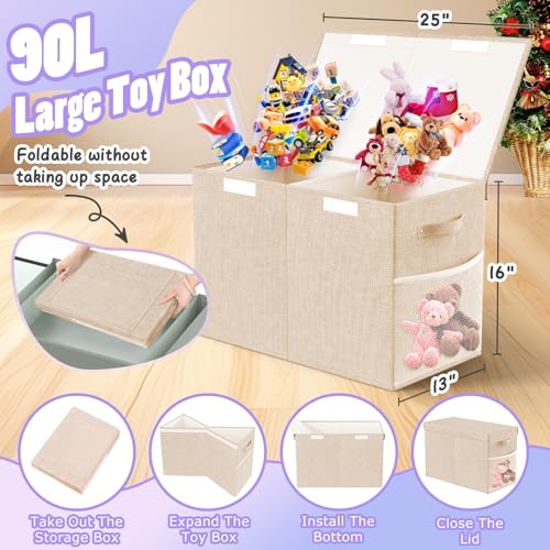 Large Toy Storage Box with Lid, Dividers, Collapsible Kids Toy Chest, Beige | Toy Box for Boys, Girls, Nursery, Bedroom, Living Room, Playroom, 25 x 13 x 16 inches - color: Large Beige