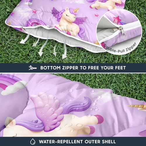 Wake In Cloud - Kids Sleeping Bag for Girls Toddlers, Camping in Warm Cold Weather, Backpacking Lightweight Compact Outdoor Liner for 3 Seasons, 3D Winged Unicorns