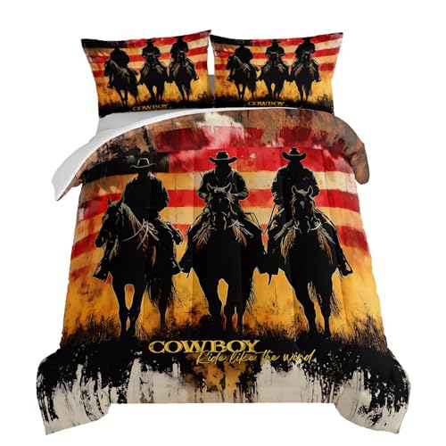 HOSIMA Cowboy Twin Size Comforter,Cowboys Riding Horses Print Western Bedding for Adults Teens Boys Room Decor,Fluffy American Flag Background Pattern Country Comforter with 2 Pillowcases. - color: Brown, size: Twin