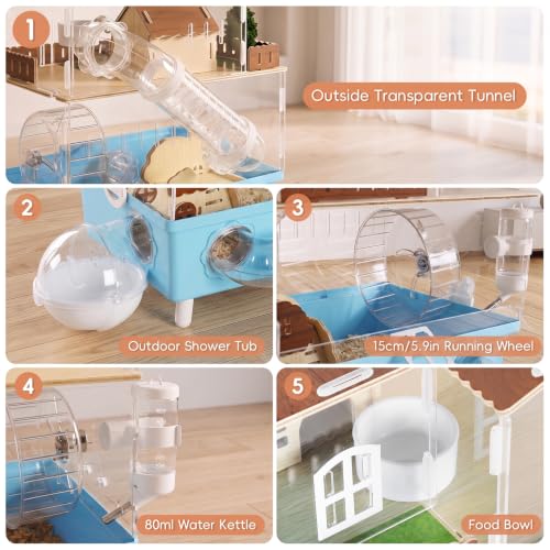 Acrylic Hamster Cage 2 Tier Clear Hamster House with Tunnels | Dwarf Hamster Cage & Habitat with Running Wheel, Food Bowl for Gerbils Syrian Hamsters,13.3''L* 9.8''W* 17.4''H, Blue - color: Blue