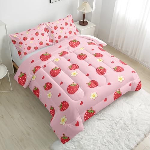 Nttopship Cute Strawberry Comforter Set, Kids Bedding Set, Full Size, All Season, 1 Comforter, 2 Pillowcases - color: Cute Strawberry, size: Full
