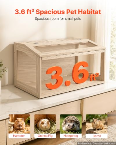 VEVOR Wooden Hamster Cage 31.9"x16.1"x16.1" 270° Viewing Hamster Habitat, Chewproof Acrylic Small Animal Cage with Openable Top, Large Pet Enclosure for Syrian/Dwarf Hamsters, Guinea Pigs & Gerbils - size: 31.9"L x 16.1"W x 16.1"H
