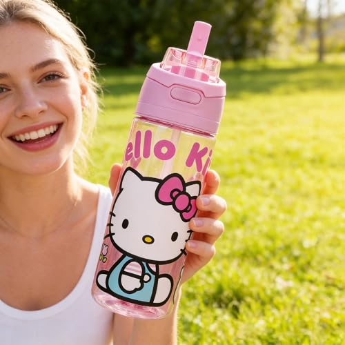 Bioworld Hello Kitty Mushrooms & Milkshake Pink 24 Oz Plastic Water Bottle With Dual Spout Lid - color: Hello Kitty Mushrooms & Milkshake